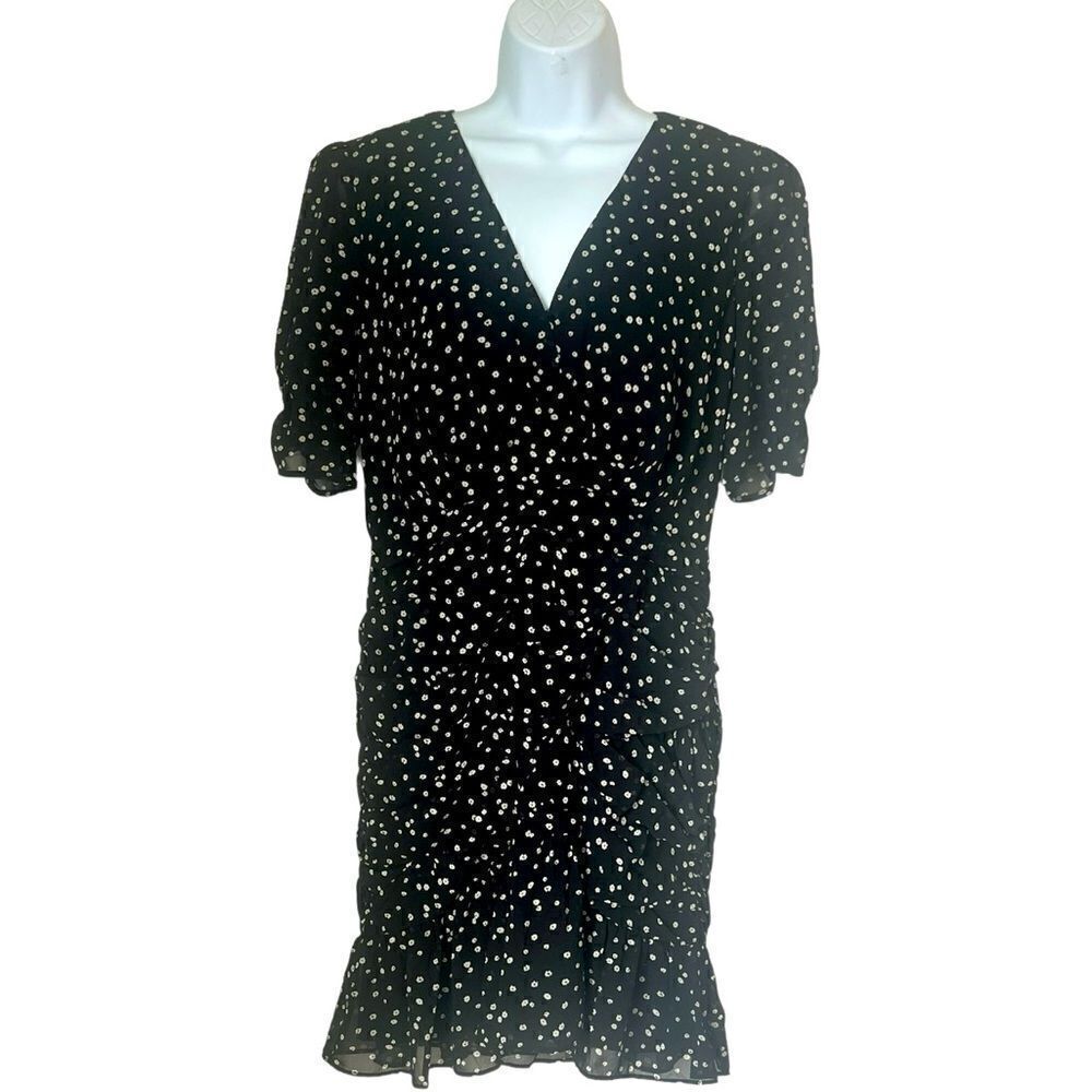 ASTR The label Black Polka Dot Chiffon draped Black Ditsy Dress sz M